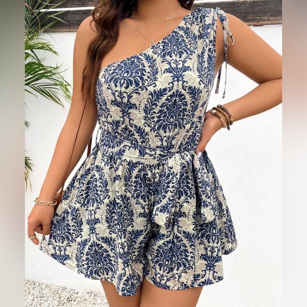 Blue Patterned One Shoulder Romper